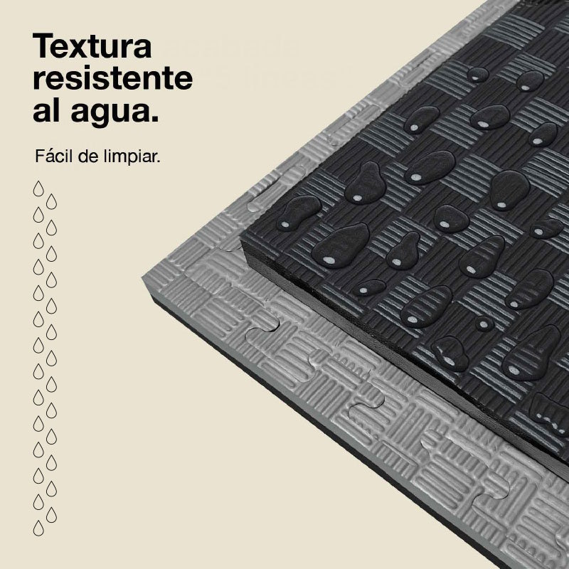 Textura resistente al agua con gotas de agua en tapetes negros y grises.