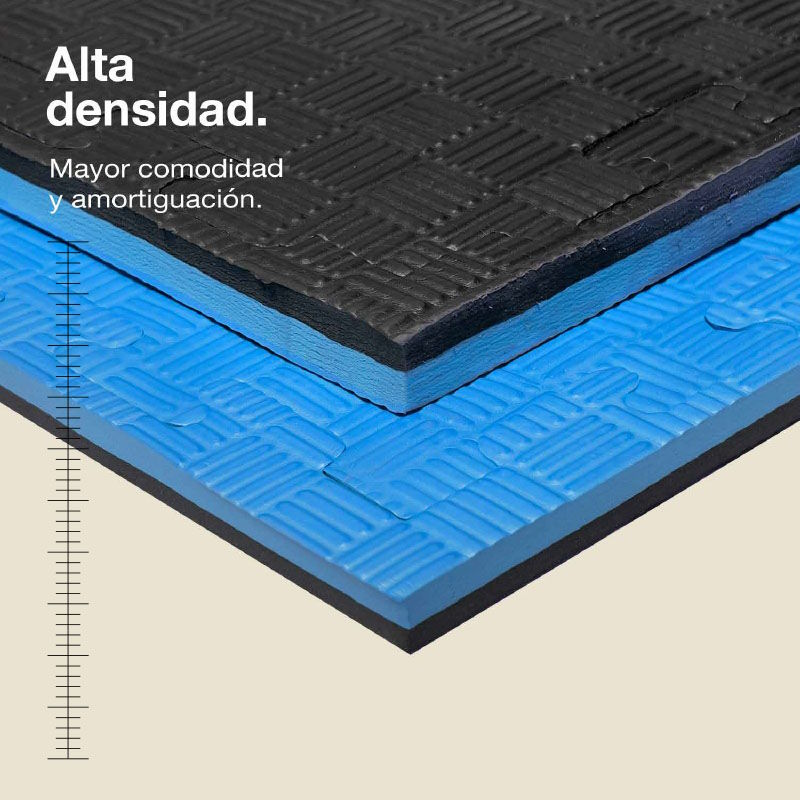 Dos capas de tapetes entrelazados, negro arriba, azul abajo, con regla.