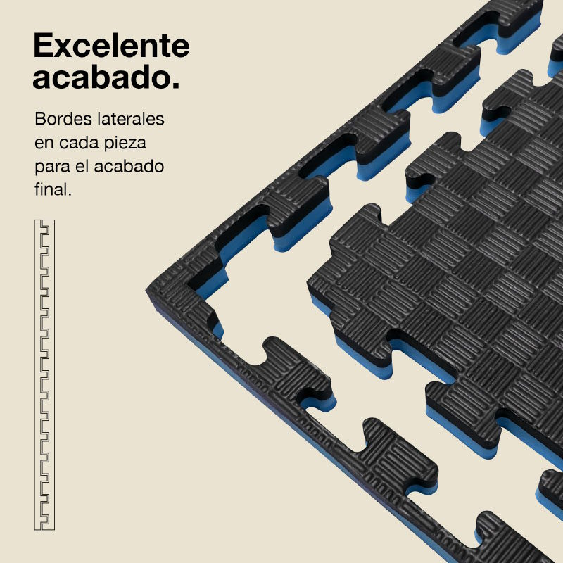 Tapetes negros y azules entrelazados con bordes laterales para un acabado limpio.