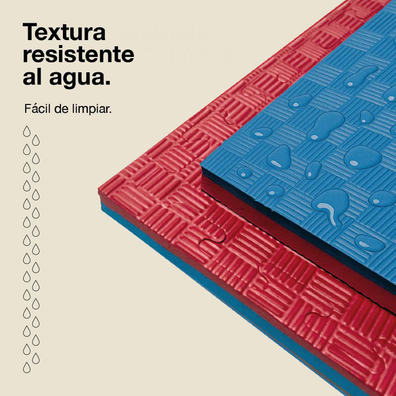 Tapetes de espuma rojos y azules con gotas de agua. Impermeables y fáciles de limpiar.