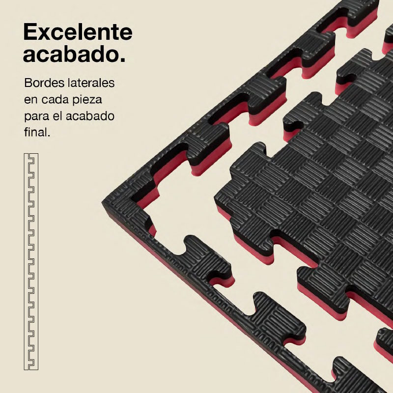 Tapetes de rompecabezas entrelazados negros y rojos. Texto enmarcado.