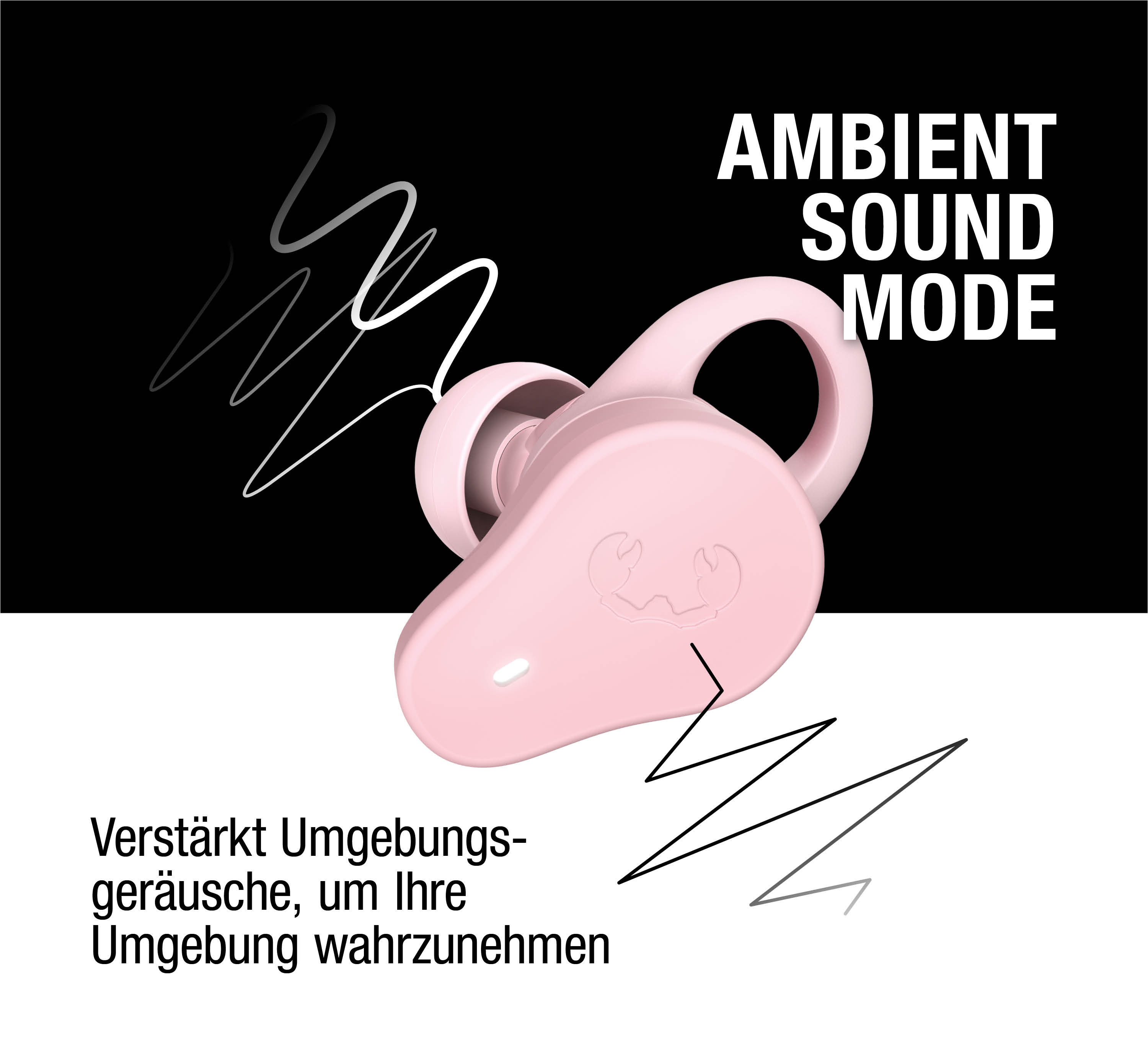 Un audífono rosa con el texto AMBIENT SOUND MODE.