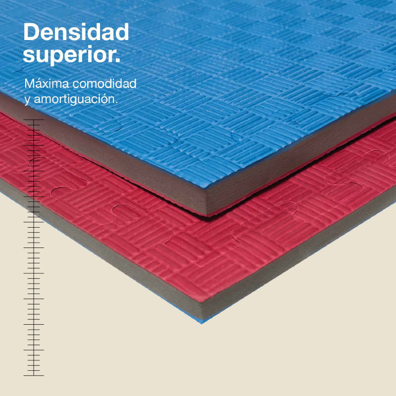 Dos tapetes de rompecabezas, azul y rojo, con texto. Escala de medición.