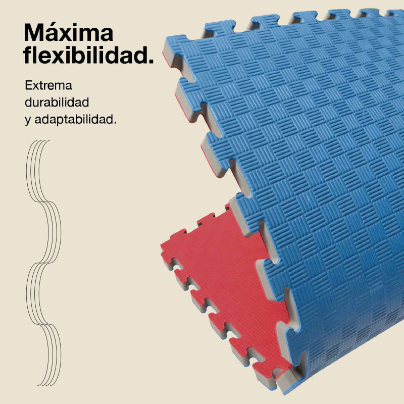 Tapetes de rompecabezas entrelazados, azules y rojos, con textura.