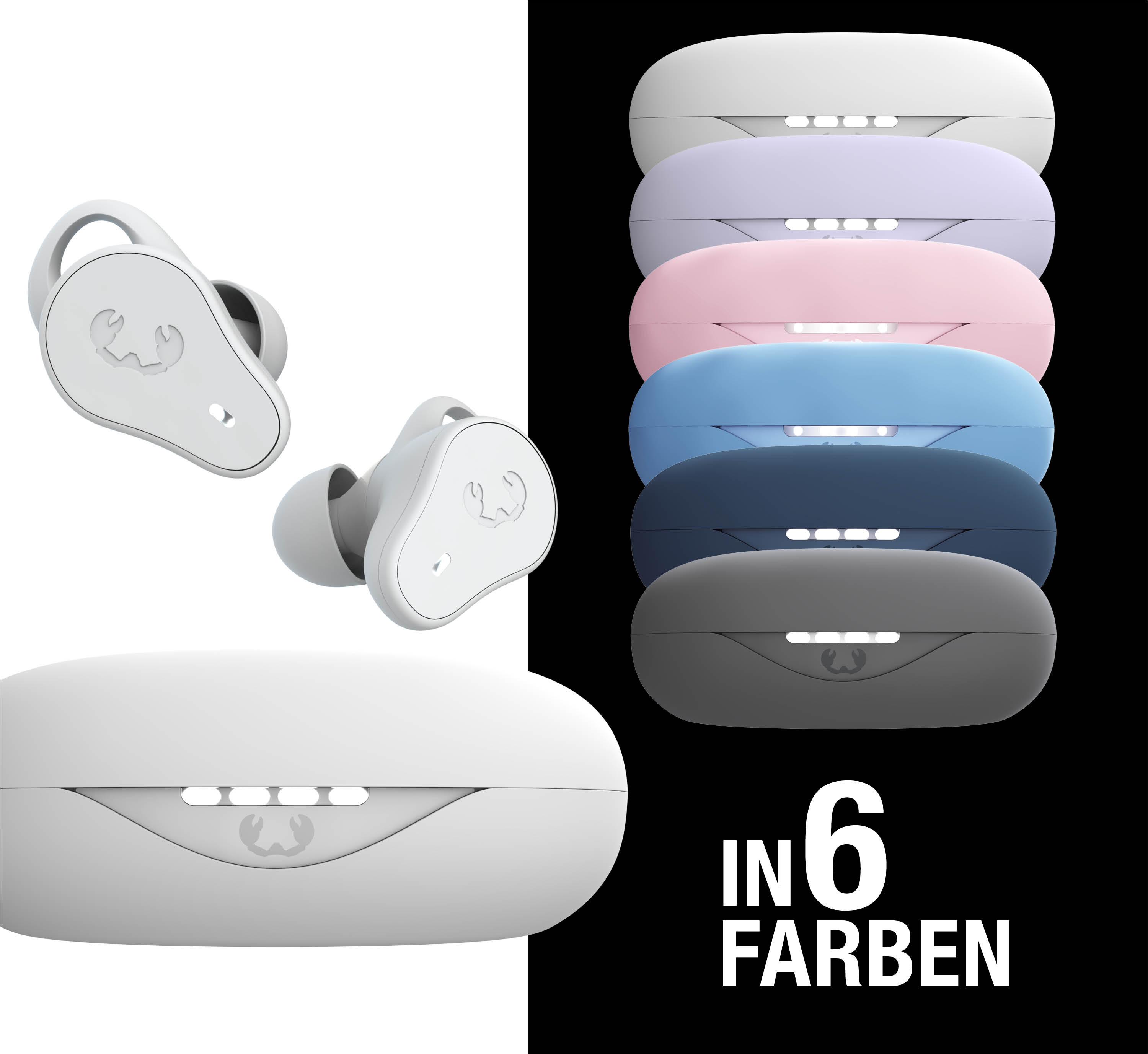Auriculares blancos y estuches de carga en 6 colores: blanco, lavanda, rosa, azul, marino, gris.