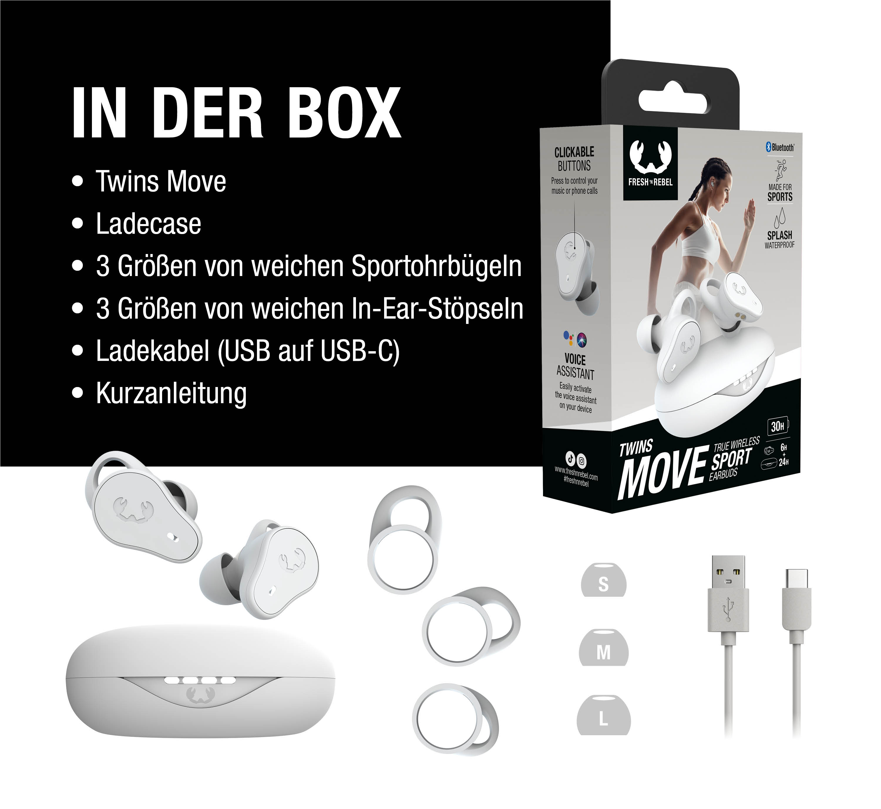 Contenido de la caja: auriculares inalámbricos blancos, estuche de carga, cable USB-C, 3 almohadillas.