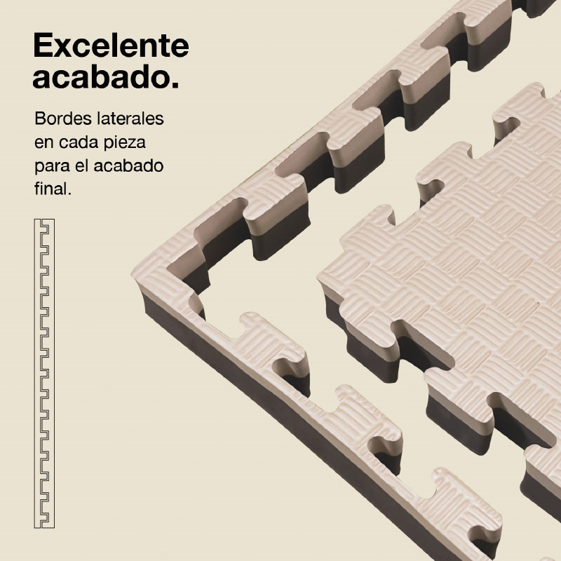 Alfombrillas de rompecabezas beige con bordes oscuros e interbloqueo.