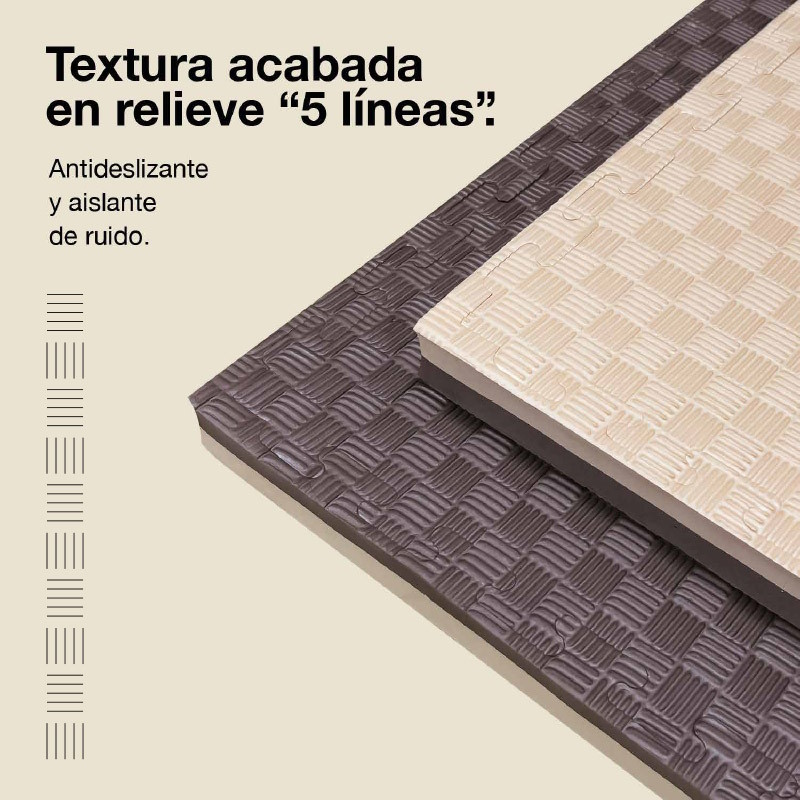 Dos tapetes entrelazados con textura de 5 líneas en beige y marrón.