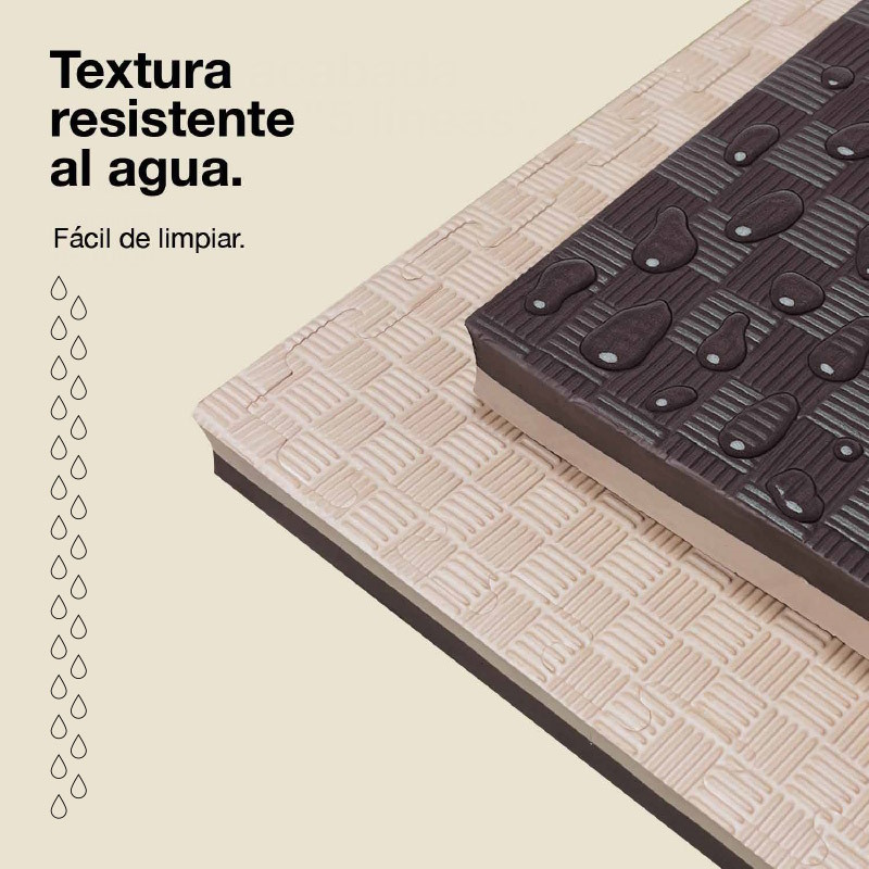 Textura resistente al agua con gotas sobre patrones de rejilla oscuros y claros.