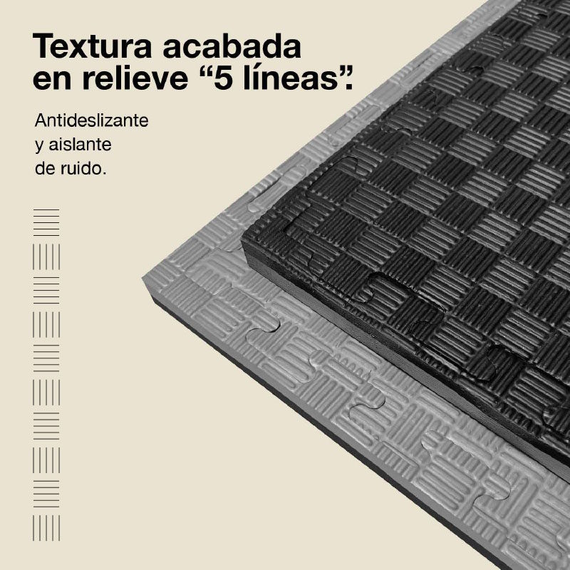 Tapetes negros y grises con patrón de relieve de 5 líneas y bordes de rompecabezas.