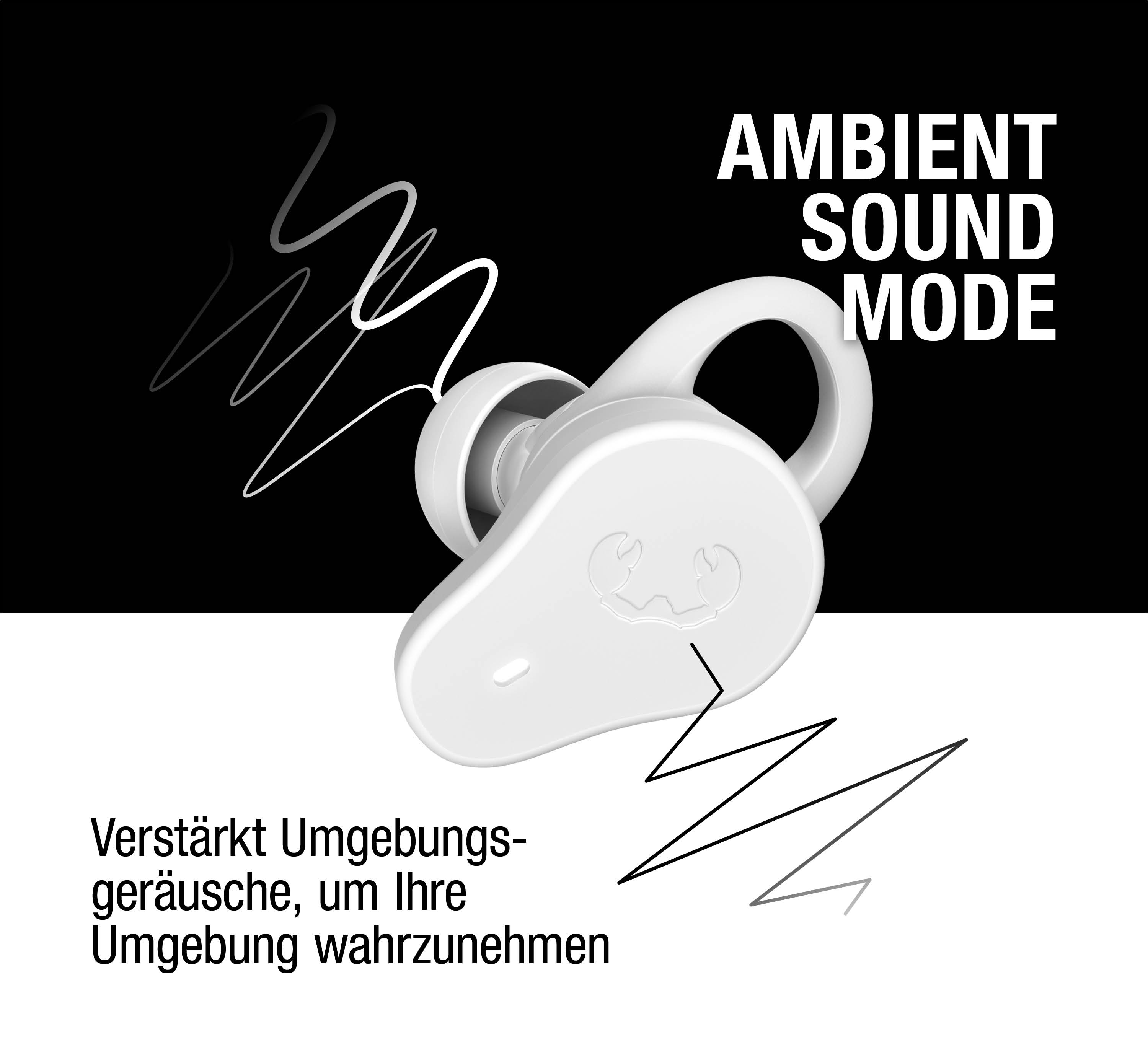 Ein weißer In-Ear-Kopfhörer mit Ambient-Sound-Modus-Schriftzug.