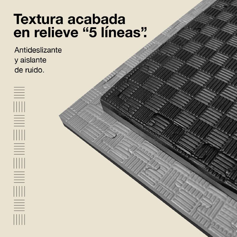 Dos esteras entrelazadas. Una negra con relieve de 5 líneas, una gris.