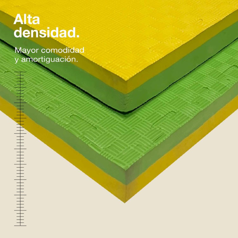 Capas texturizadas amarillas y verdes con escala de medición a la izquierda.