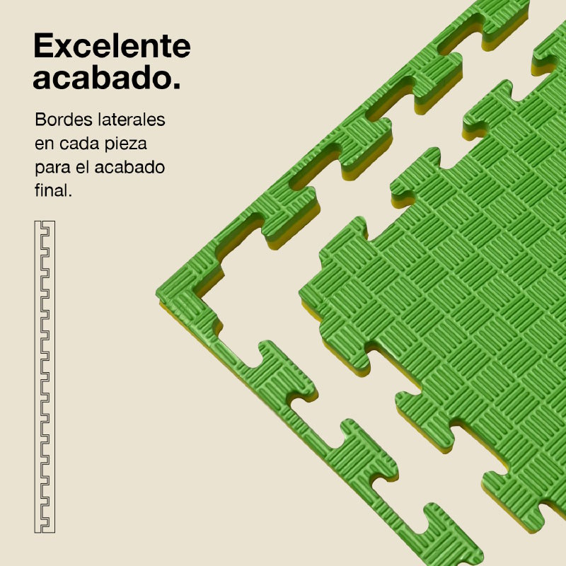 Alfombrillas de rompecabezas verdes con bordes amarillos y diagrama.