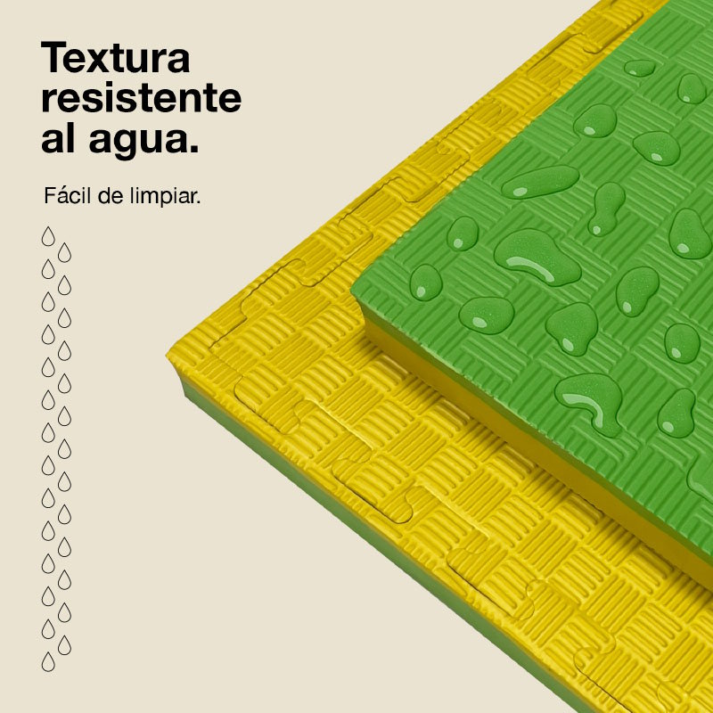 Tapetes de rompecabezas verdes y amarillos con gotas de agua. Textura resistente.