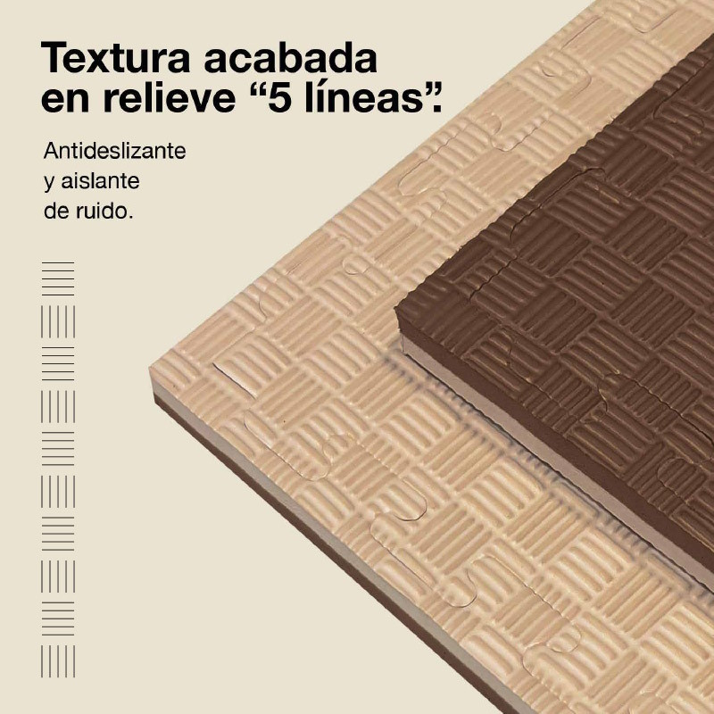 Dos alfombras de puzzle, beige y marrón, con patrón acanalado. Texto en español.