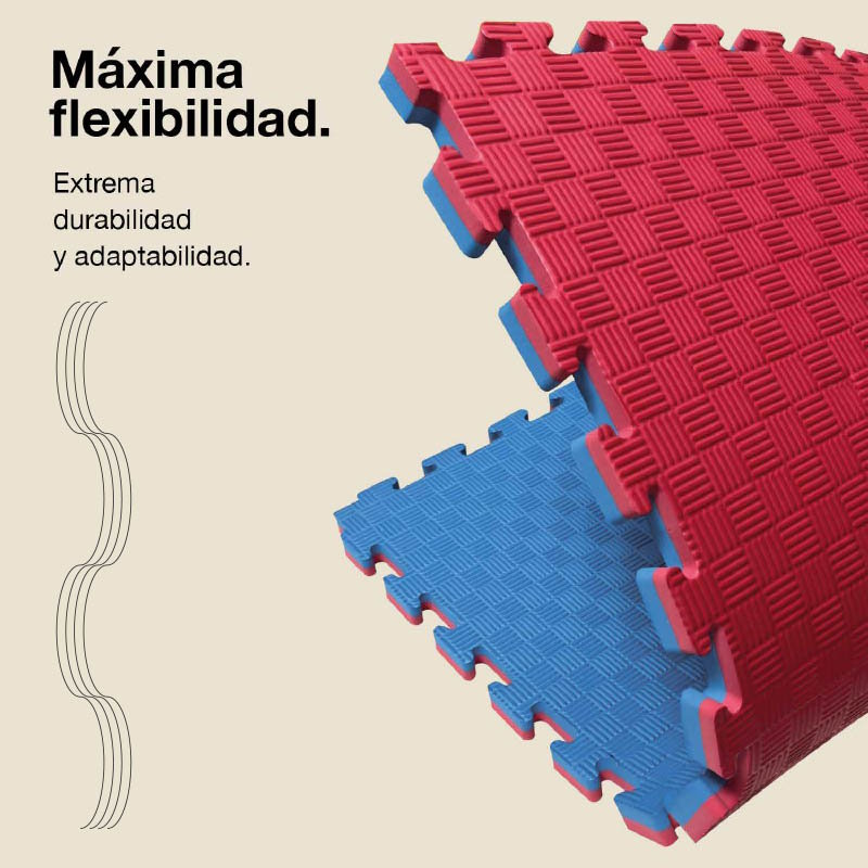 Dos esterillas de rompecabezas entrelazadas, roja y azul, con texto en español.