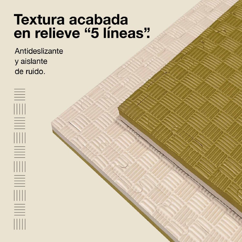 Dos tapetes de rompecabezas con textura en relieve: uno color crema y otro verde oliva.