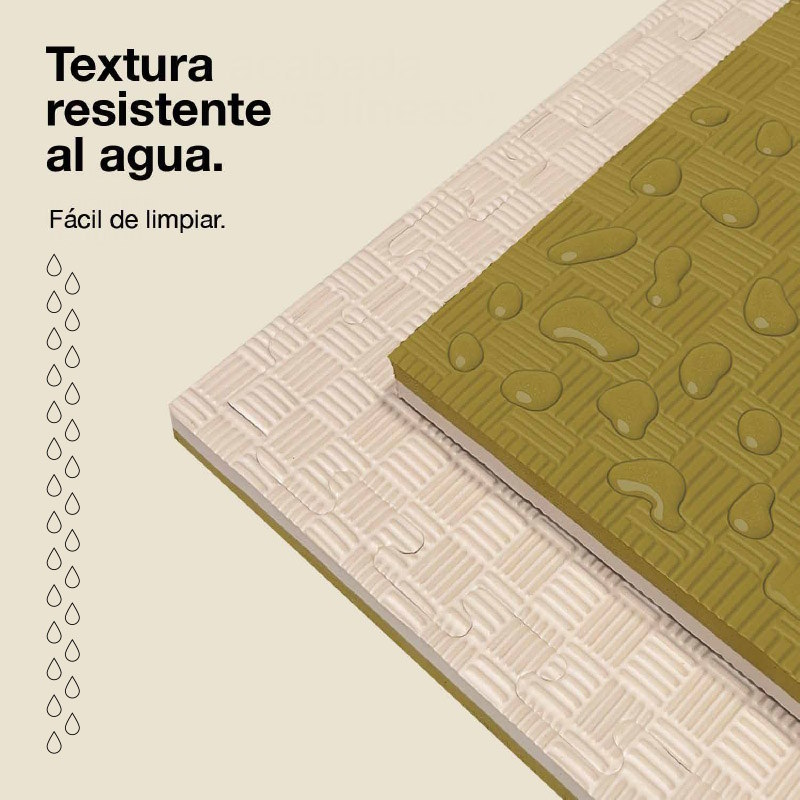Dos tapetes de rompecabezas, uno beige claro, uno verde oliva con gotas de agua.