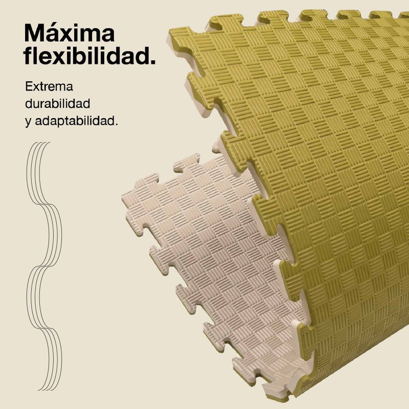 Dos alfombras de rompecabezas entrelazadas, una amarilla y otra beige, con texto.