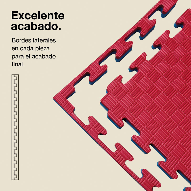 Tapetes de rompecabezas rojas con bordes laterales para acabado perfecto.