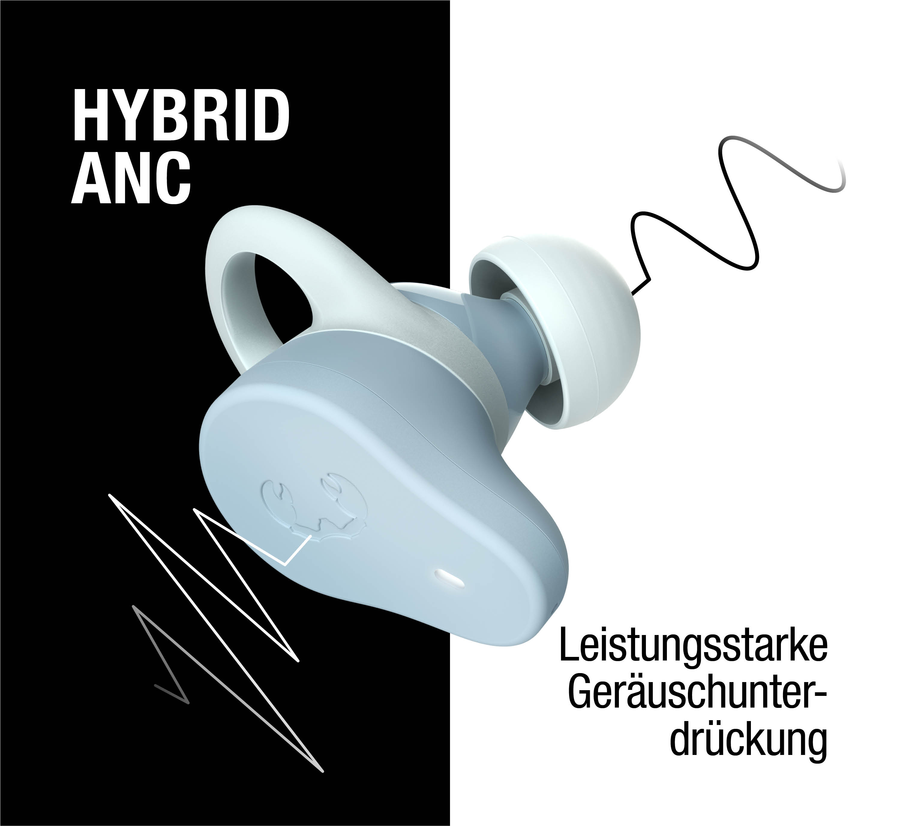 Ein hellblaues kabelloses Headset mit einem schwarzen und weißen Hintergrund.