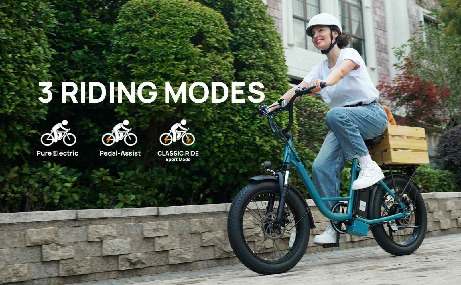Mujer monta bici eléctrica teal con caja de madera, 3 modos.