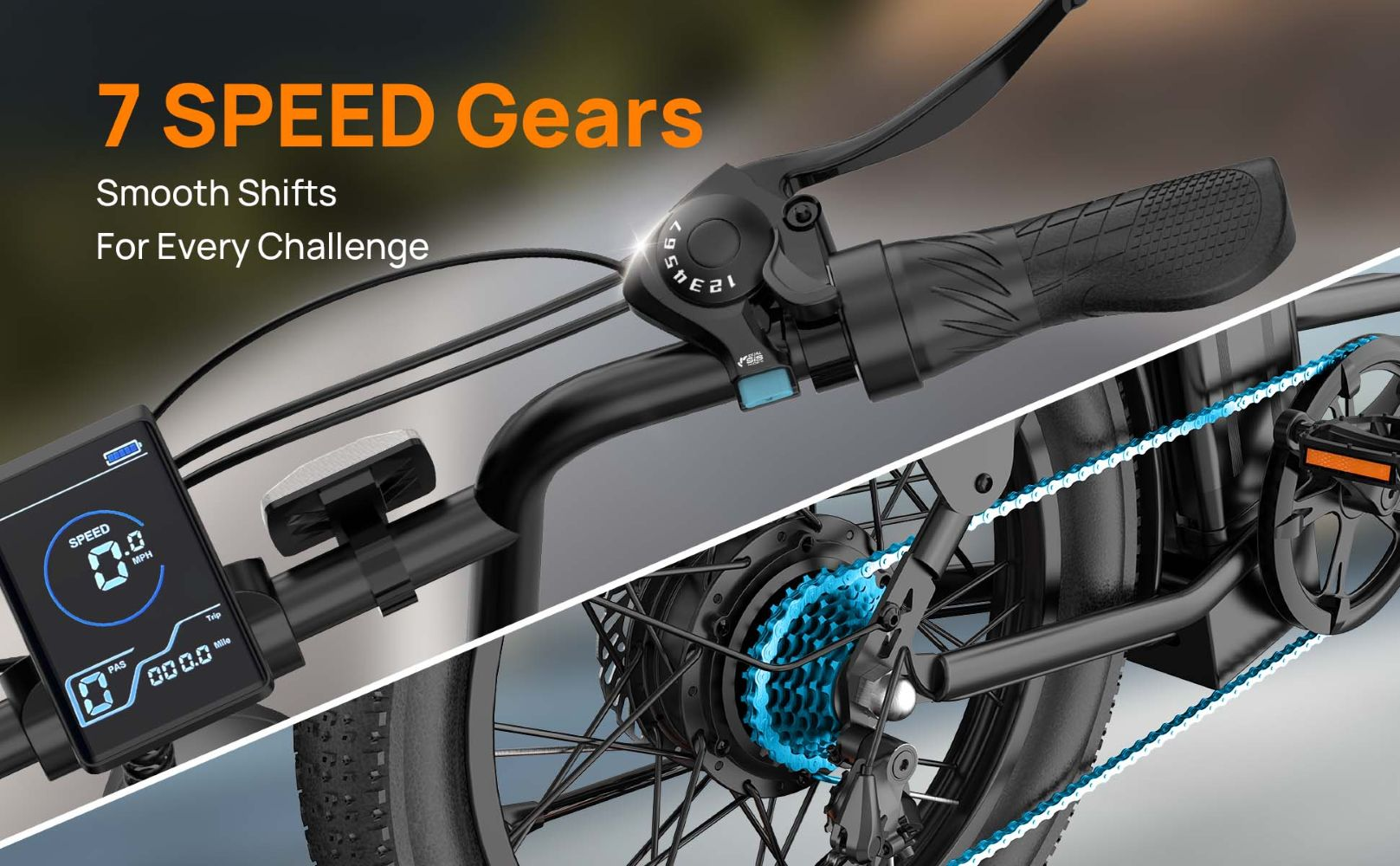 Manillar de e-bike con pantalla, cambio de marchas y plato azul.