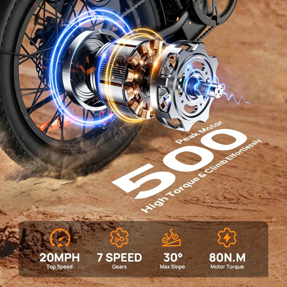 Primer plano del motor de e-bike con luces azules y naranjas, mostrando 500W y 80 Nm de par.