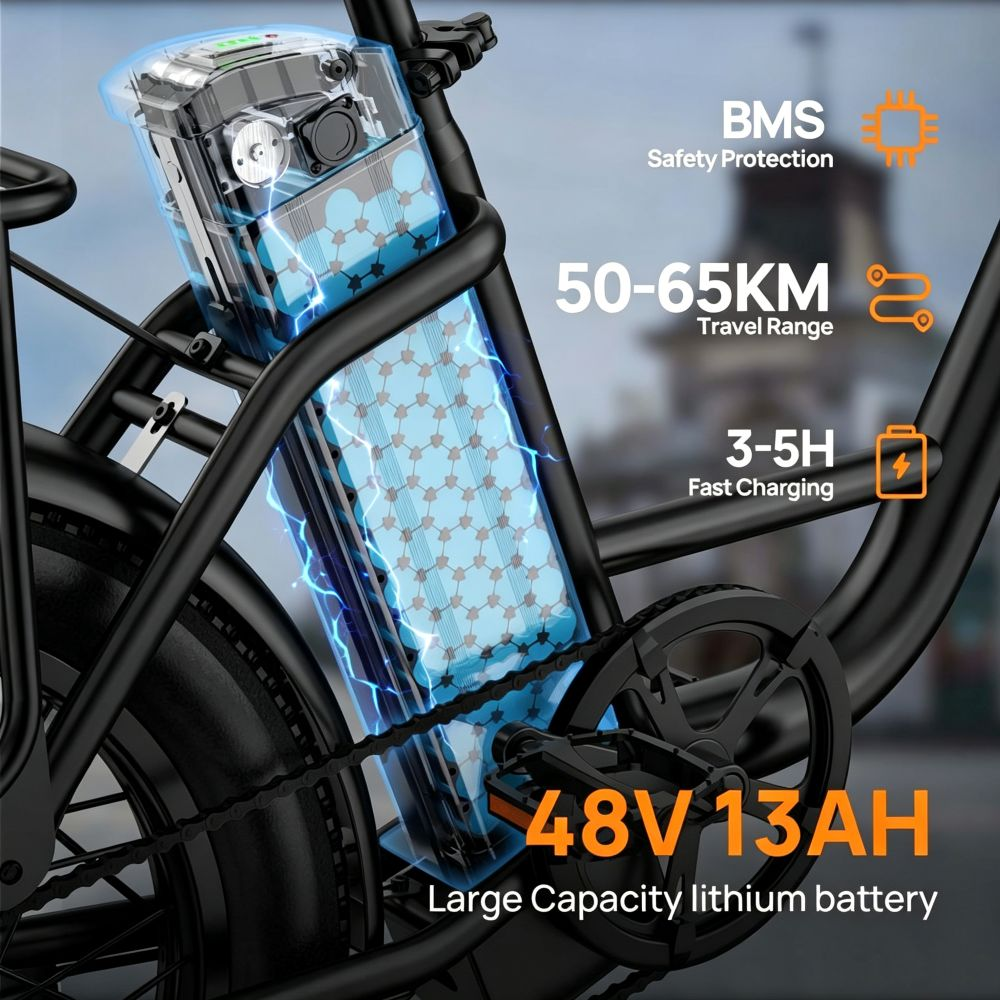 Primer plano de una batería de e-bike con detalles de texto sobre autonomía y tiempo de carga.
