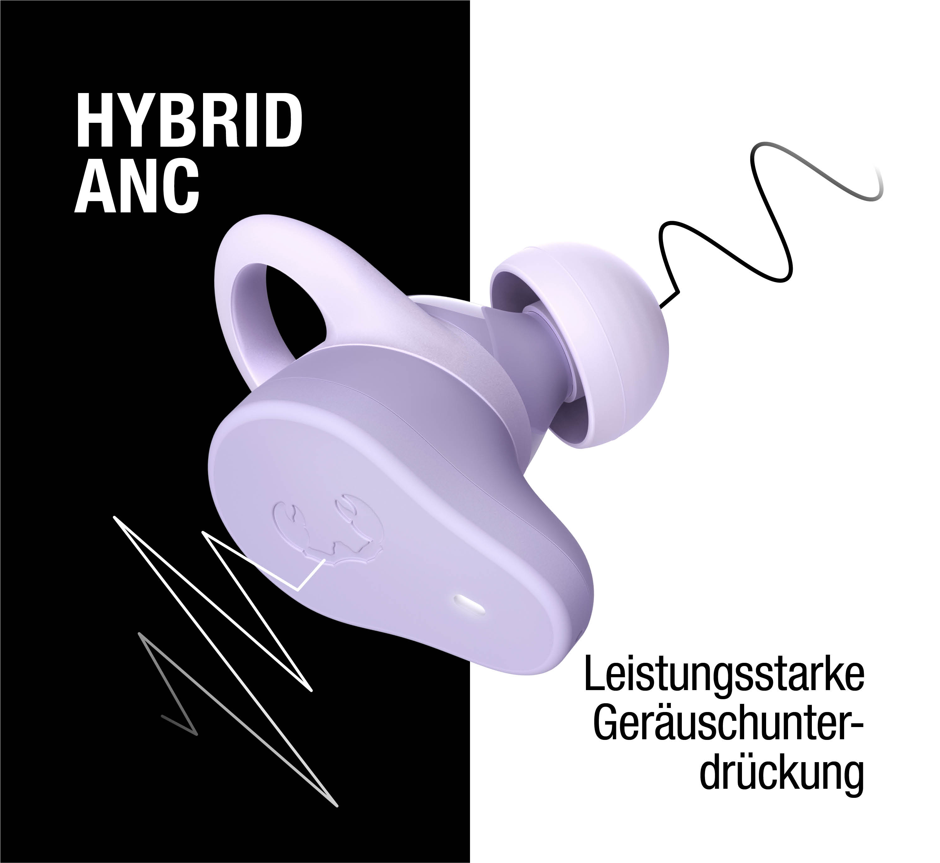 Ein lila kabelloser Ohrhörer mit weißem Text 'HYBRID ANC'.