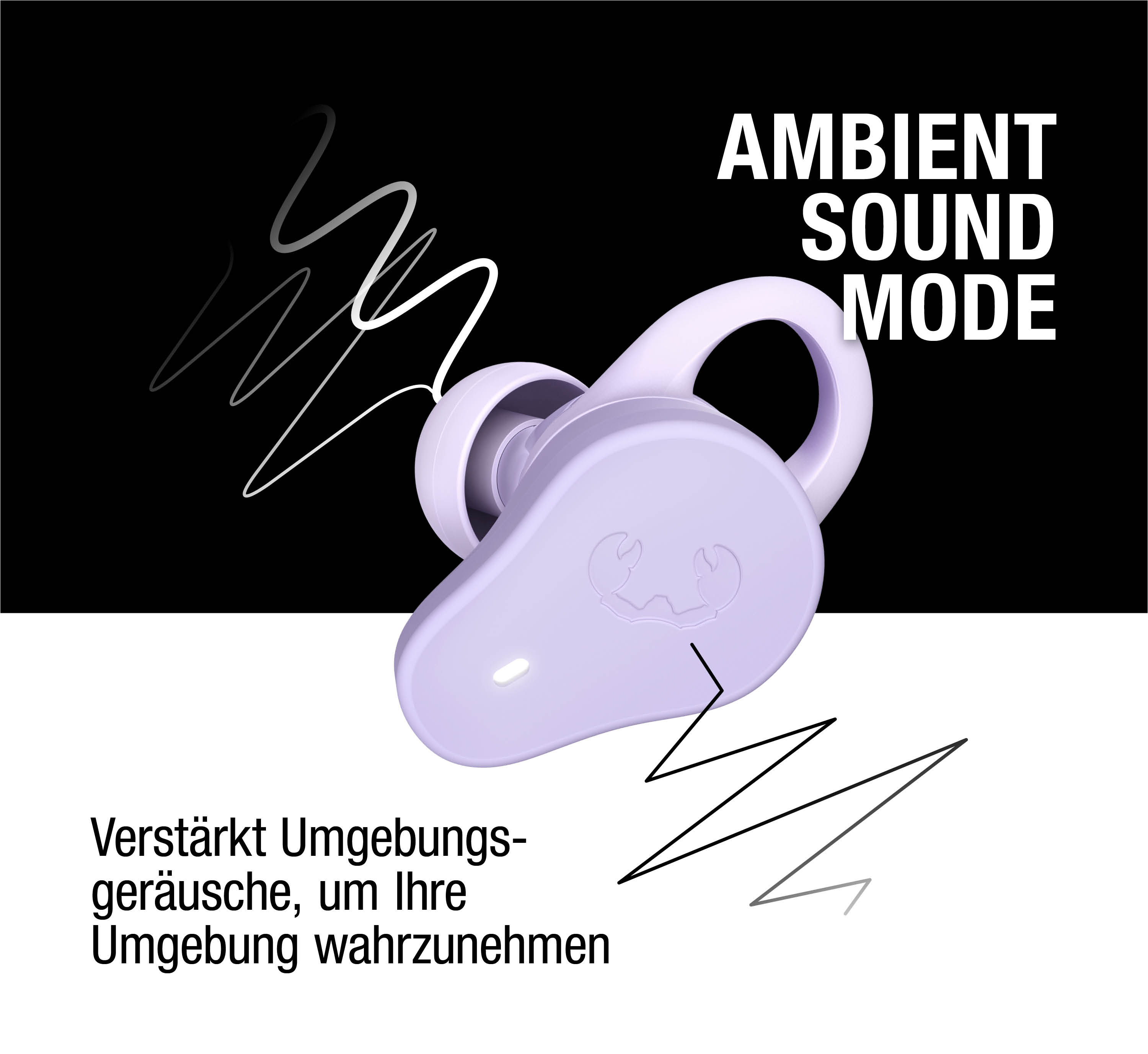 Ein lavendelfarbener Ohrhörer mit einem stilisierten Krebs-Logo. 