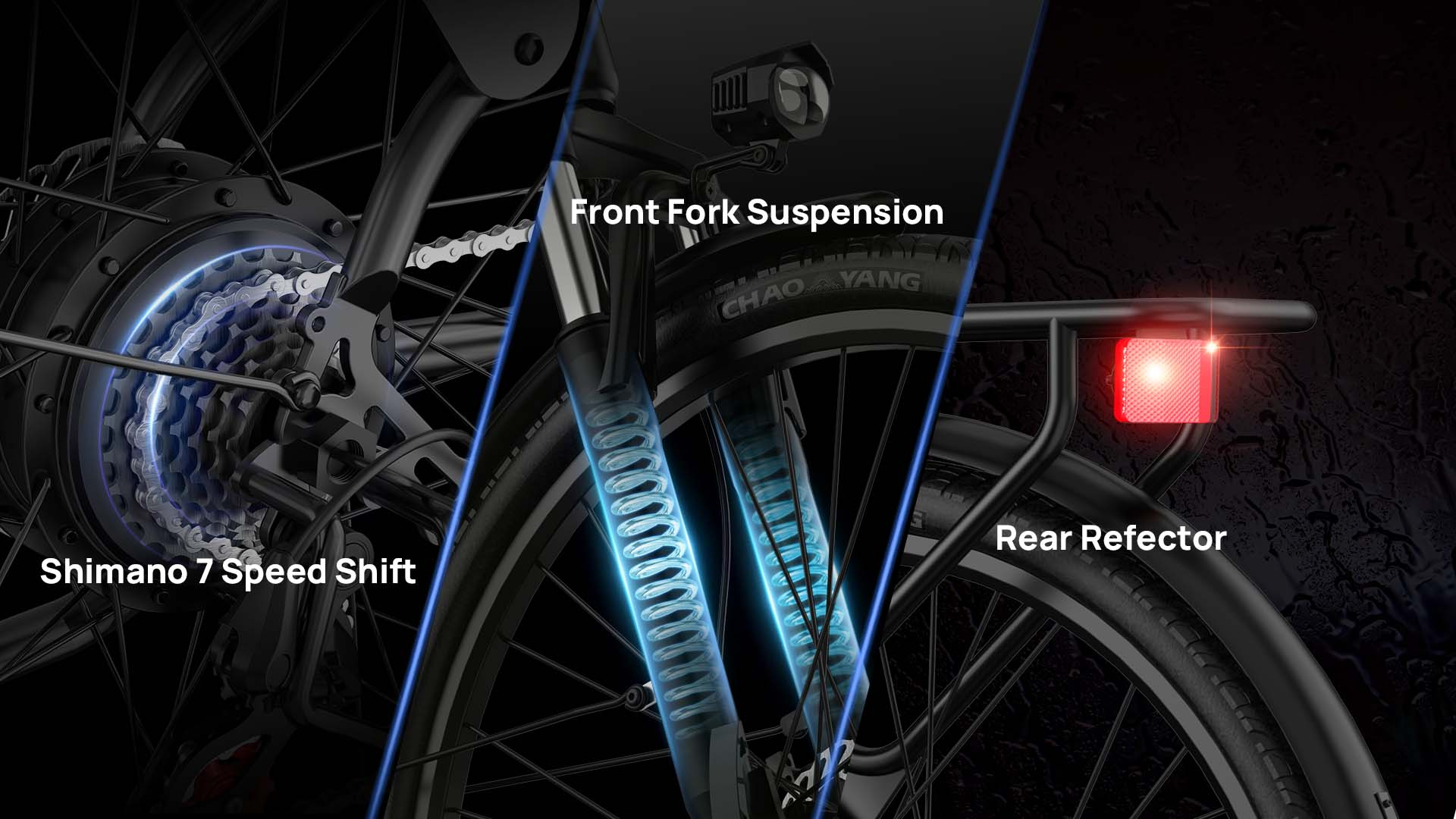 Bicicleta con cambio Shimano de 7 velocidades, suspensión delantera y reflector trasero.
