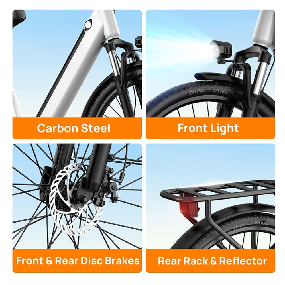 Cuatro detalles de bicicleta: cuadro, luz, frenos, portaequipajes.