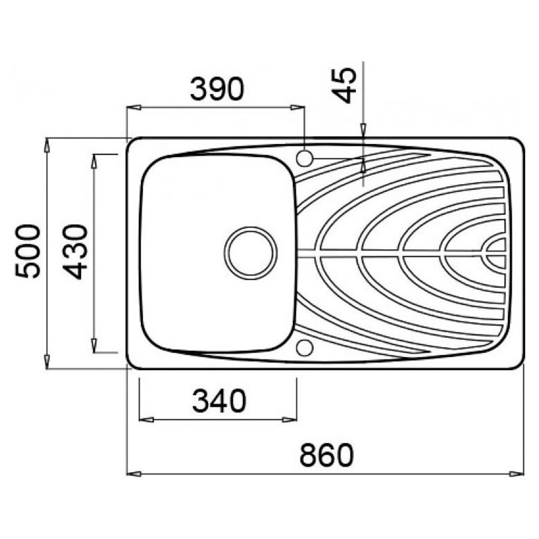 Disegno tecnico di un lavello con dimensioni. Lavabo a sinistra, vaschetta di scarico a destra.
