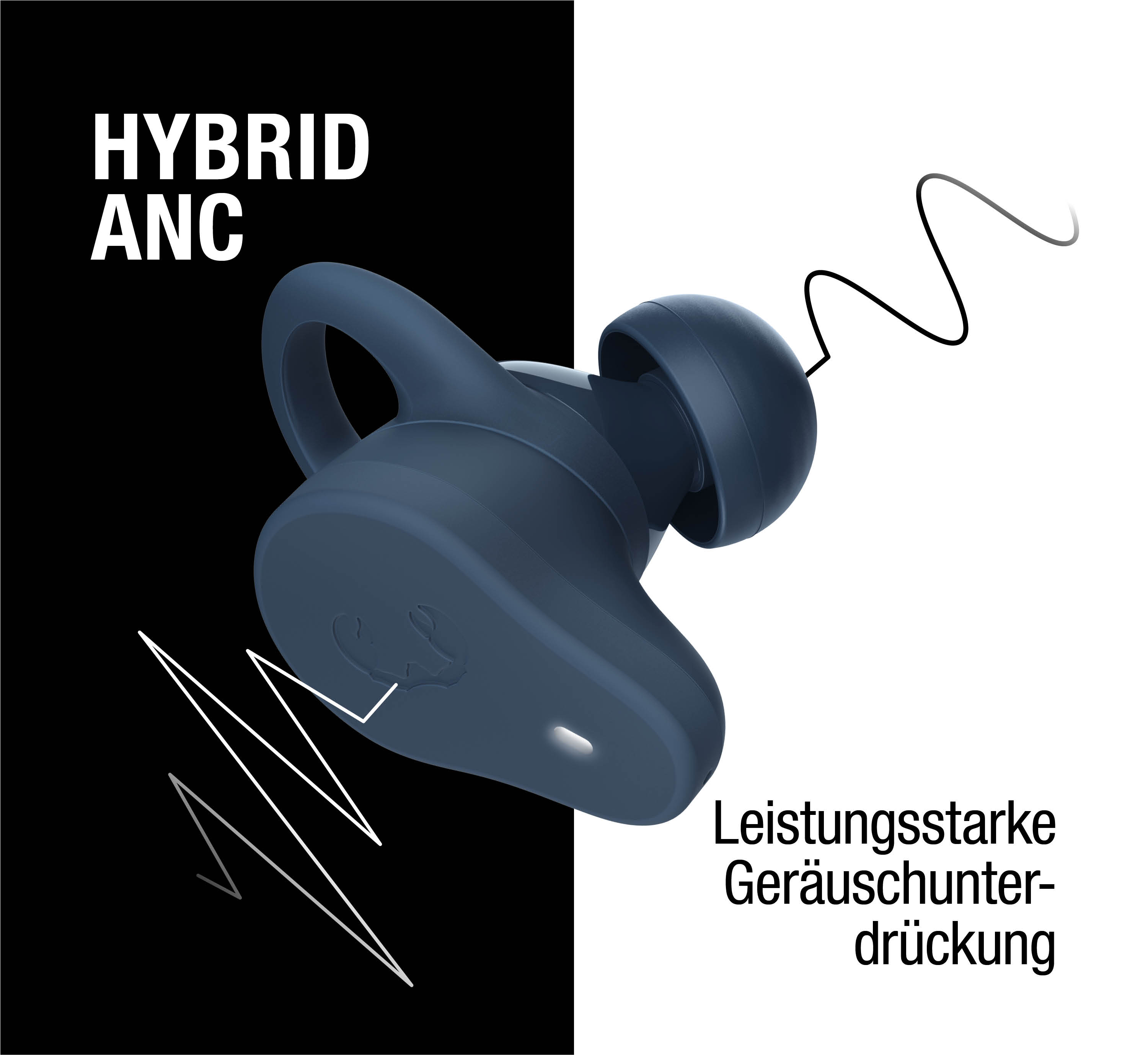 Dunkelblauer Kopfhörer auf schwarzem und weißem Hintergrund mit Text.