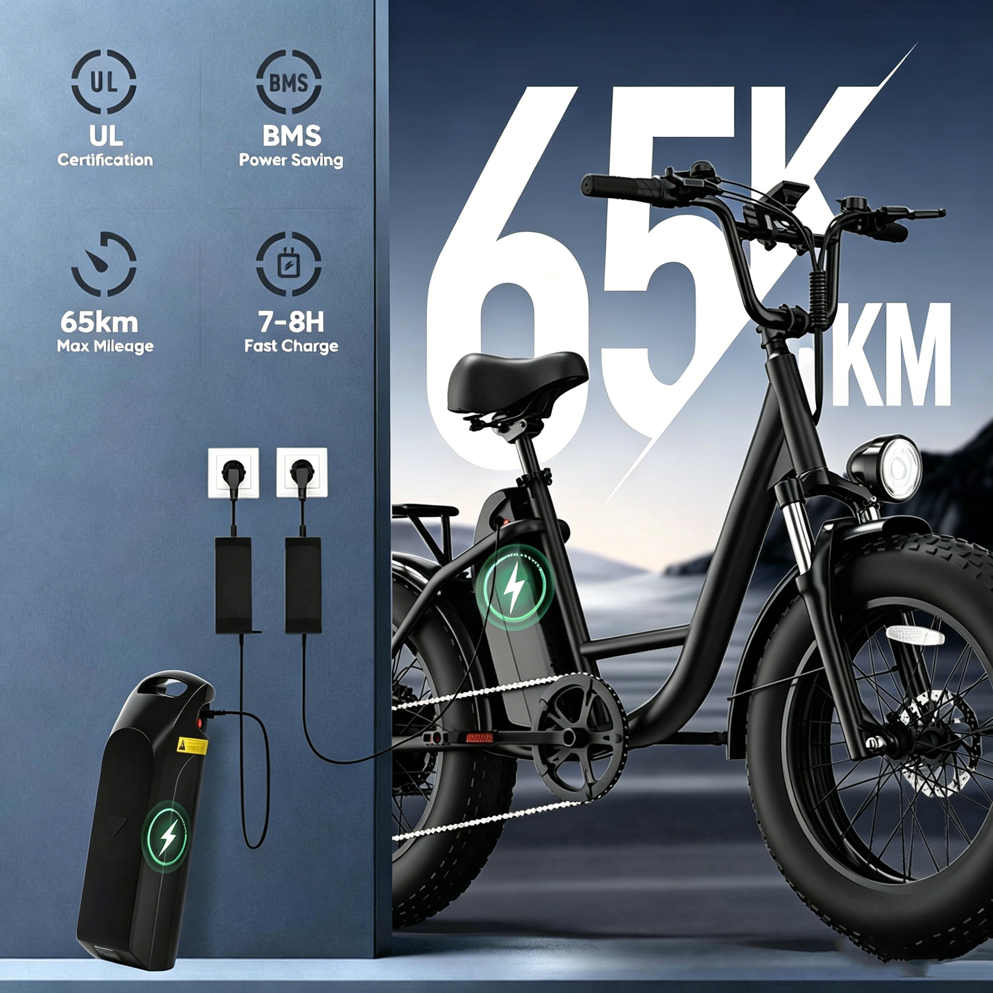 Bicicleta eléctrica negra con neumáticos anchos cargando. Indicadores de carga a la izquierda.