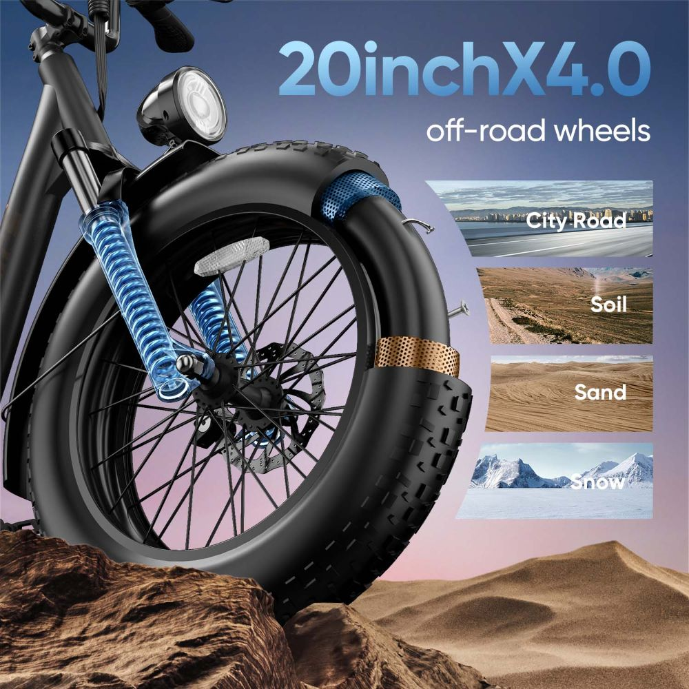 Primer plano de neumático de bicicleta gorda con texto e imágenes de carretera, tierra, arena y nieve.