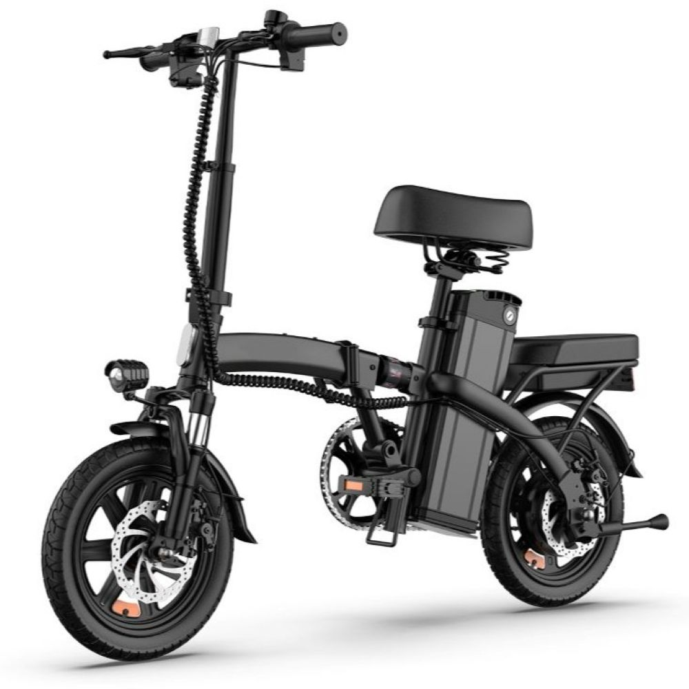 Bicicleta eléctrica plegable negra con asiento y paquete de baterías.