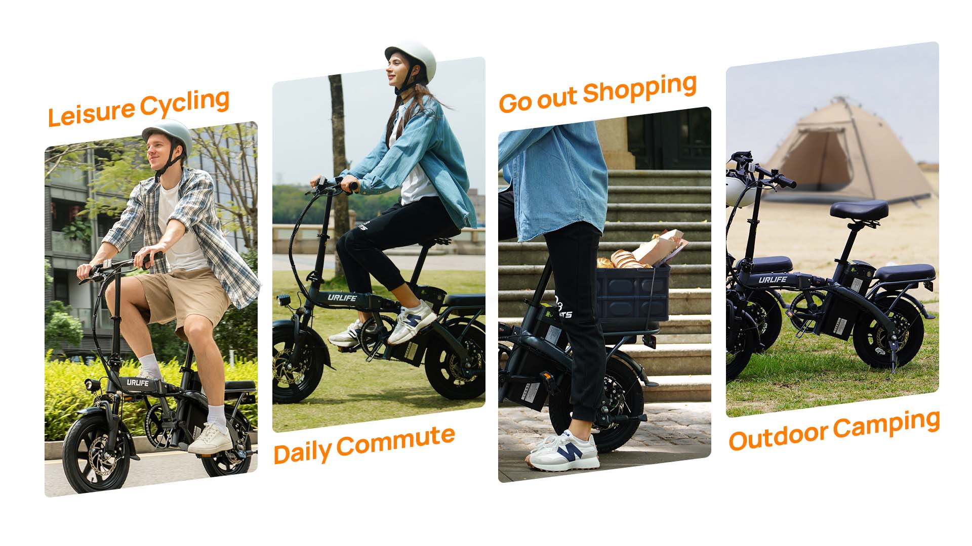 Cuatro escenas: ciclismo recreativo, viaje diario, compras, camping con e-bikes.