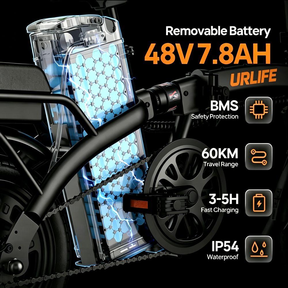 Batería extraíble 48V 7.8AH, autonomía 60km, IP54 impermeable.