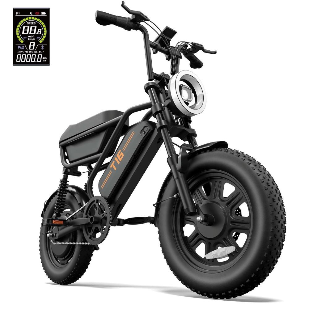 Bicicleta eléctrica negra de llanta ancha con faro redondo y pantalla digital.