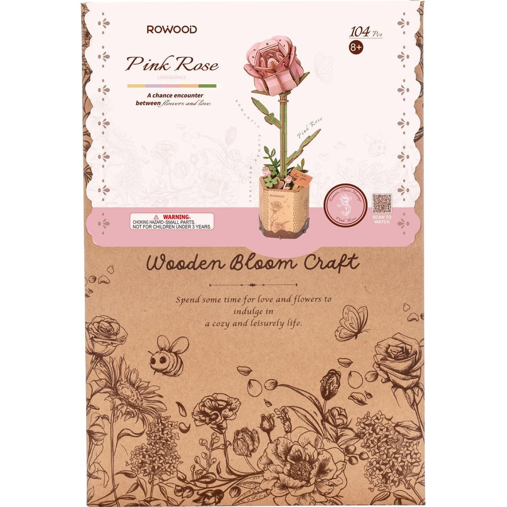 Pink Rose Wooden Bloom Craft Bausatz mit detaillierten Blumenillustrationen und 3D-Rosenmodell.