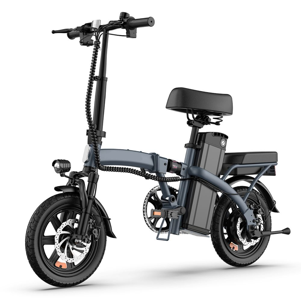 Bicicleta eléctrica plegable gris con asiento y batería negros.