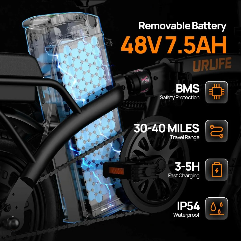 Una batería extraíble de e-bike de 48V 7.5AH con 30-40 millas de alcance.