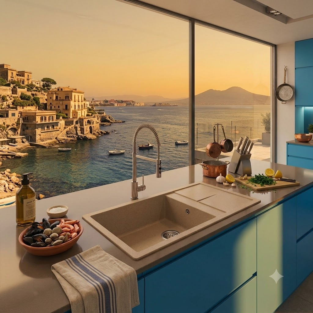Un lavello da cucina si affaccia su una pittoresca città costiera al tramonto con barche sull'acqua.