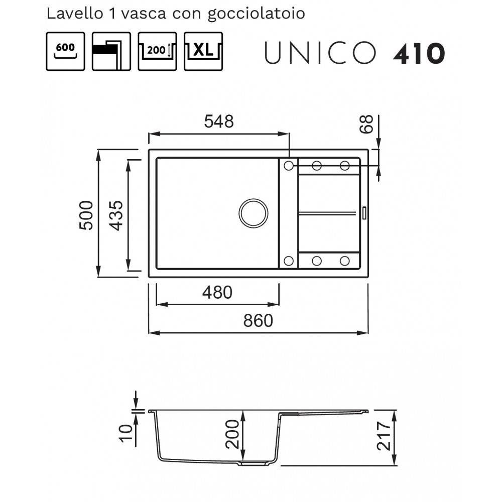 Disegno tecnico di lavello 1 vasca con gocciolatoio, modello UNICO 410.