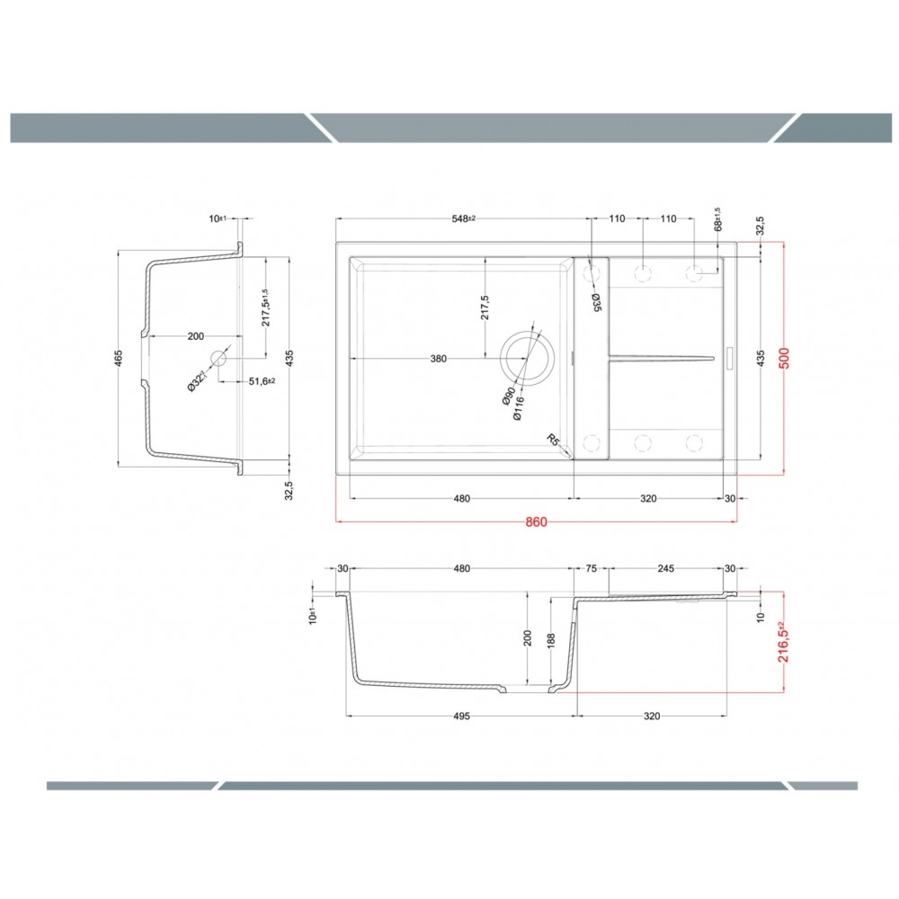 Disegno tecnico di un lavello con dimensioni in mm. Viste dall'alto e laterali.