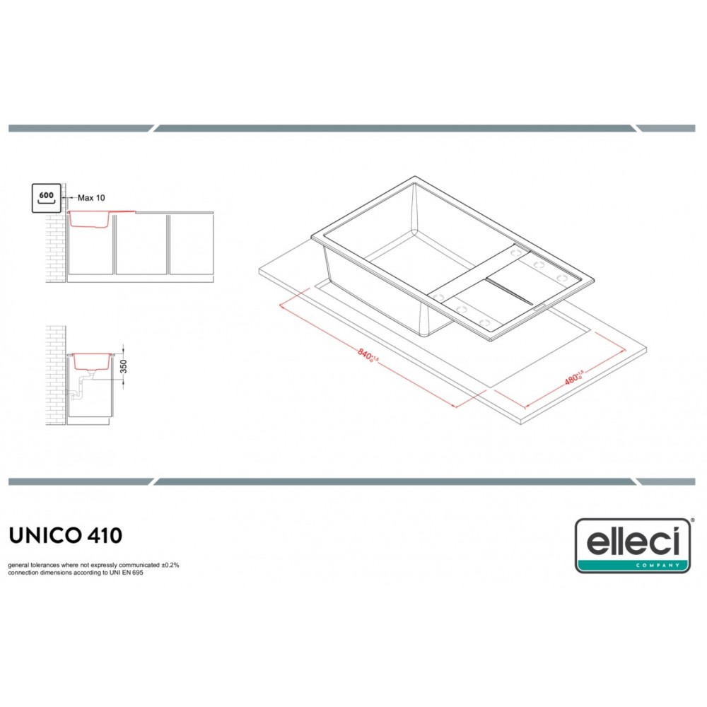 Disegno tecnico di un lavello da 840x480 mm.