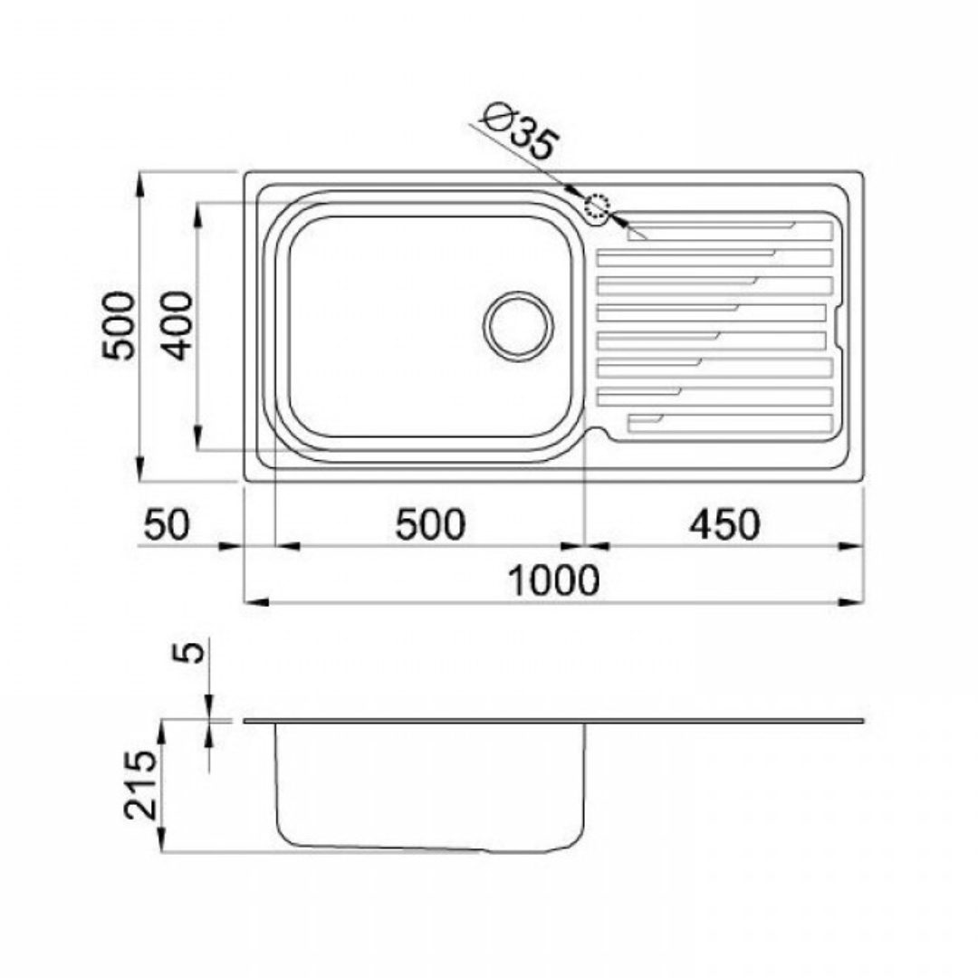 Disegno tecnico di un lavello con dimensioni e foro per rubinetto.